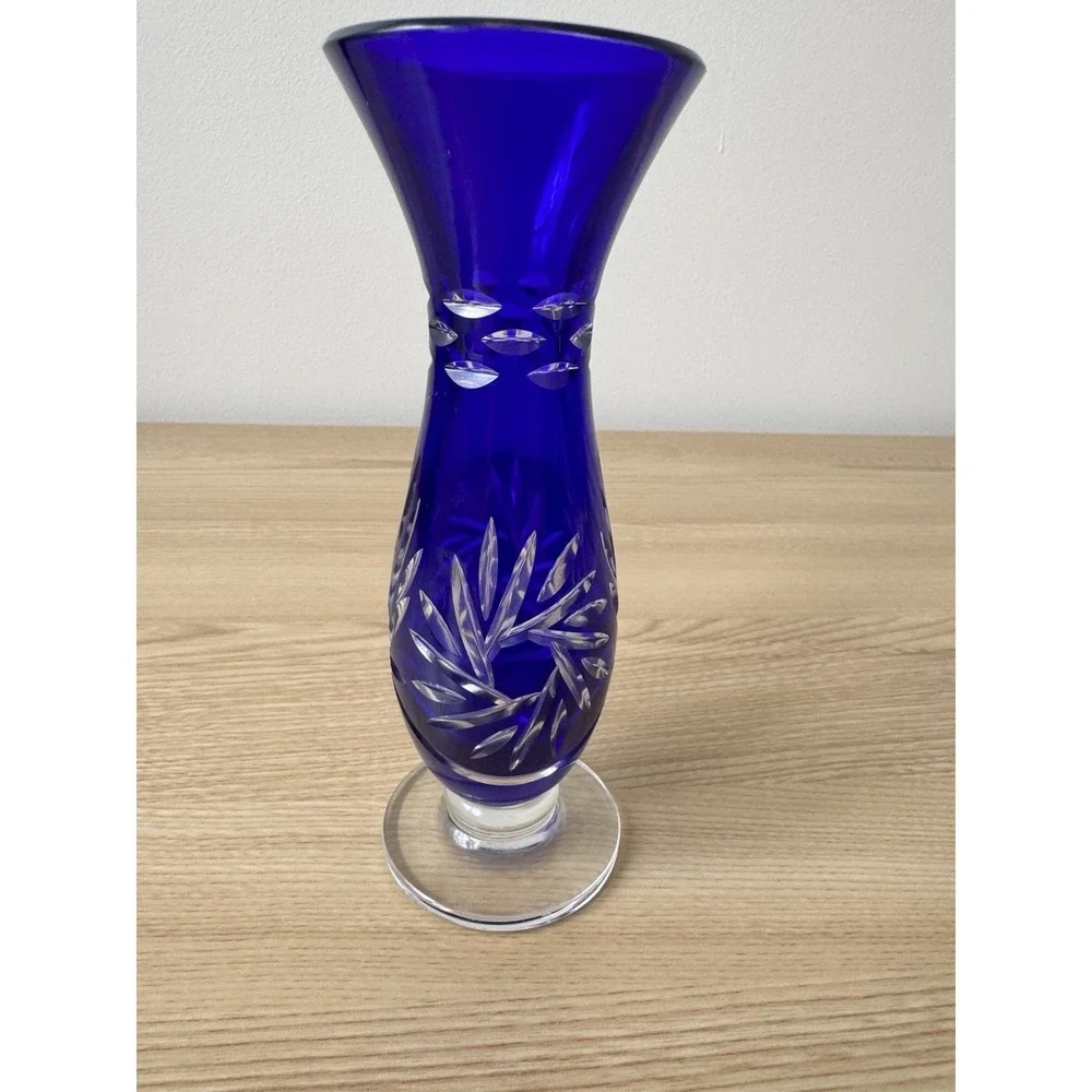 Vintage Cobalt Blue Cut To Clear Glass Bud Vase Floral Etched Footed 6